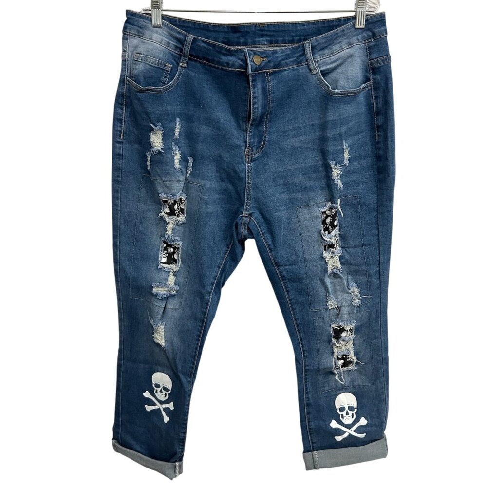 Distressed Blue Jeans Skull Print 3XL Relaxed Fit Trendy Denim Style